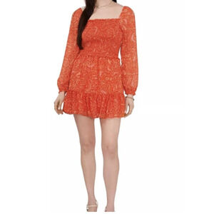 1.STATE Smocked Square Neck Long Sleeve Dress in Orange